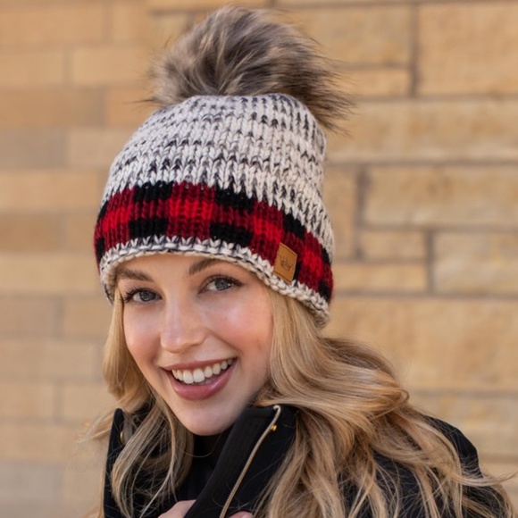 SOLD OUT Red Buffalo Trim Fleece Lined Faux Fur Pom Beanie - Picture 2 of 3